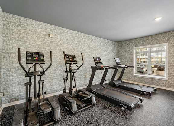 A room with a treadmill, a stationary bike, and a rowing machine.