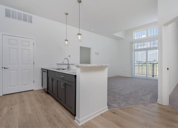A kitchen with a sink and a window.