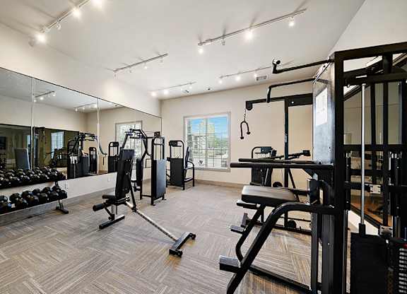 A spacious gym with a variety of equipment including dumbbells, weight machines, and a bench press.