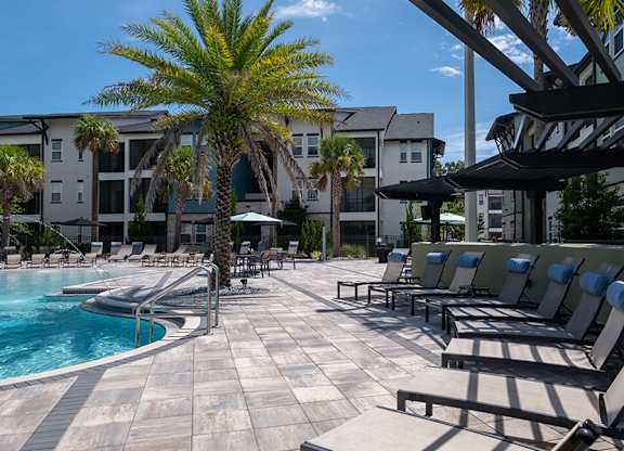 A pool area with lounge chairs and a palm tree.