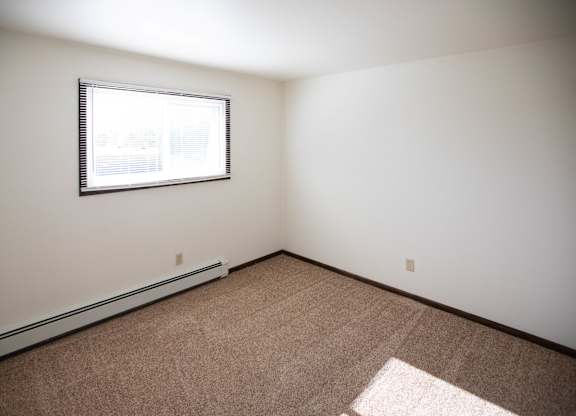 A room with a window and carpet on the floor.