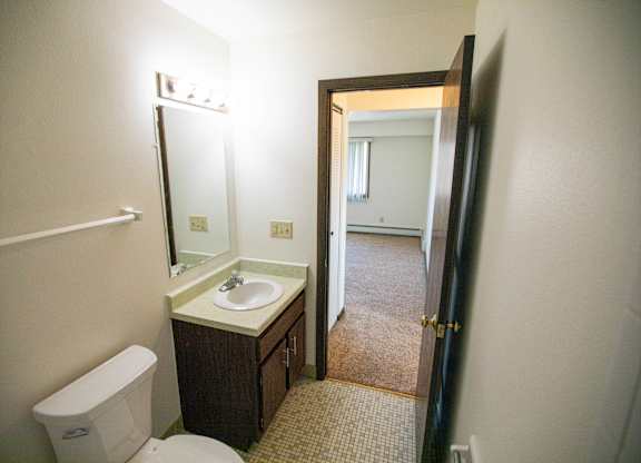 A bathroom with a toilet, sink, and mirror.