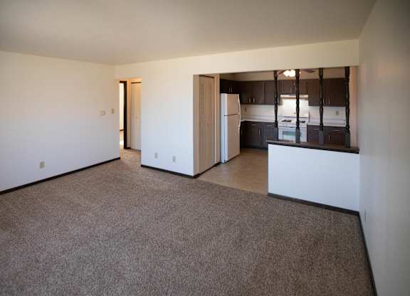 A room with a carpeted floor and a kitchen area in the background.