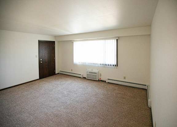 A room with a brown carpet and a window with blinds.