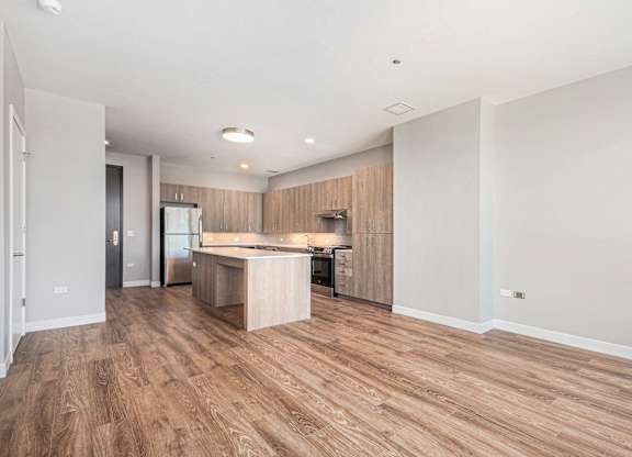 Kitchen with wooden closet at Thrive Exchange, Chicago, 60617