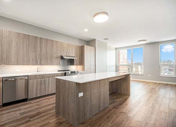 Fully Equipped Kitchen with expansive windows at Thrive Exchange, Illinois