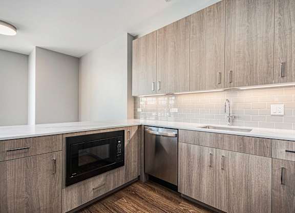 Kitchen with Wooden Cabinetry, Stainless Steel Appliances at Thrive Exchange, Chicago, IL