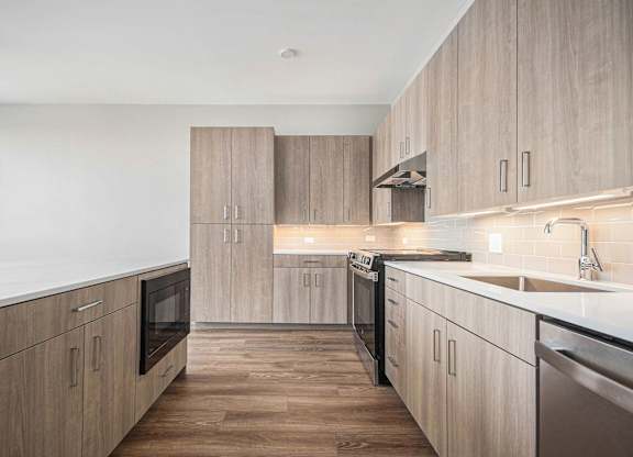 Modern kitchen with wooden cabinets and stainless steel appliances at Thrive Exchange, Chicago, IL, Illinois , 60617