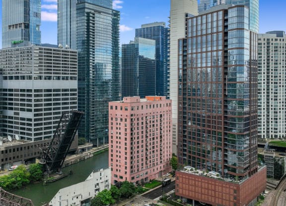a view of the city from the roof of a tall building  at Cassidy on Canal, Chicago, Illinois
