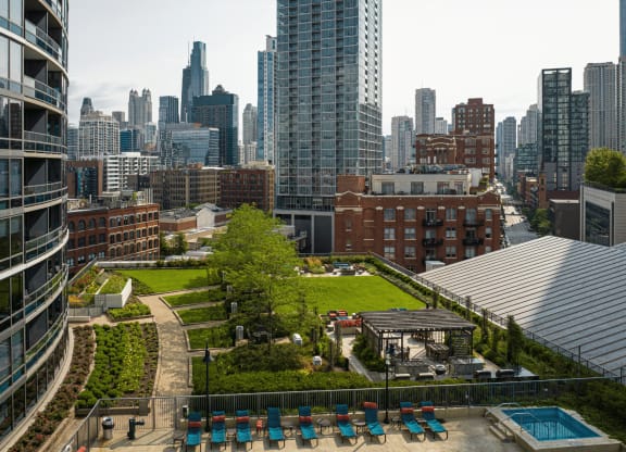 A view of the Chicago skyline from the rooftop pool  at Kingsbury Plaza, Chicago, IL, 60654