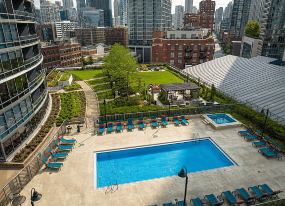 An aerial view of the elevated sun deck with pool and garden  at Kingsbury Plaza, Chicago, 60654