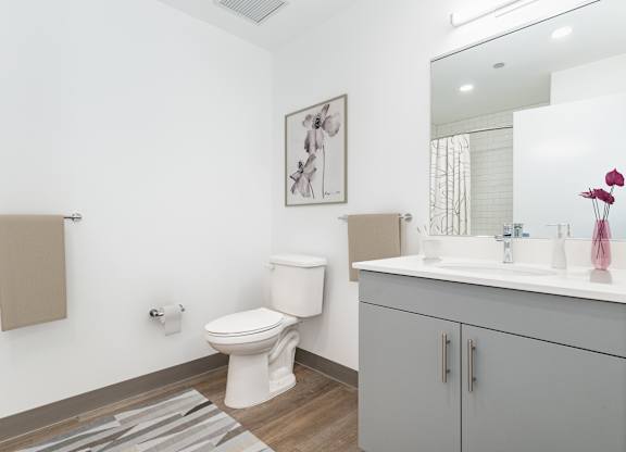 A white toilet sits in a bathroom with a grey cabinet and a framed picture on the wall.