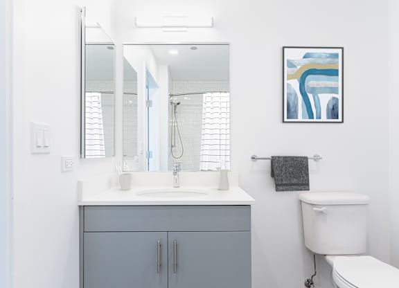 A bathroom with a white toilet, a sink, and a mirror.