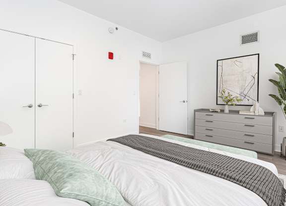 A bedroom with a bed, dresser, and a plant.