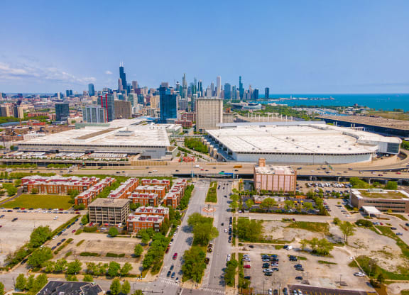 a view of chicago from above with the chicago skyline in the background