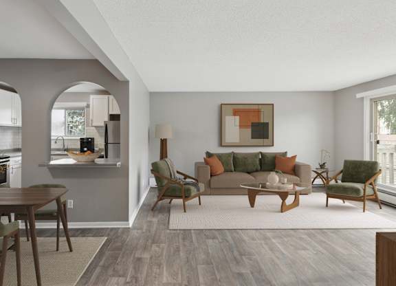 Contemporary living room with mid century modern furniture at Cedarvale Highlands Apartments, Minnesota
