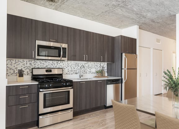 a kitchen with stainless steel appliances and wooden cabinets at One 333, Chicago, Illinois, 60605
