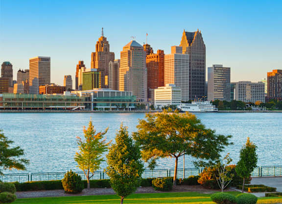 View of Detroit Skyline at Sunset at The Village of Hyde Park, Detroit