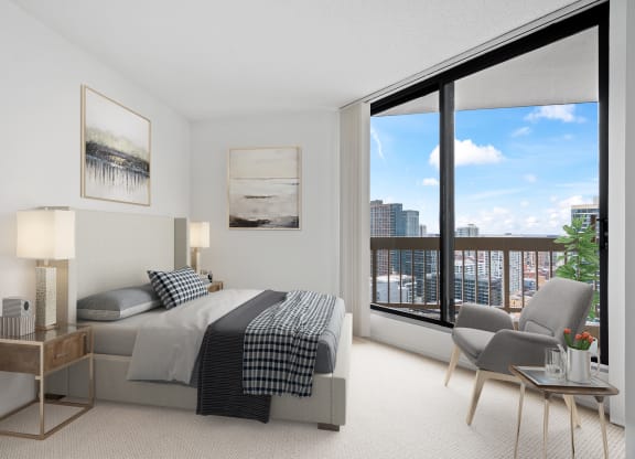 Bedroom With Expansive Windows at Asbury Plaza, Illinois, 60654