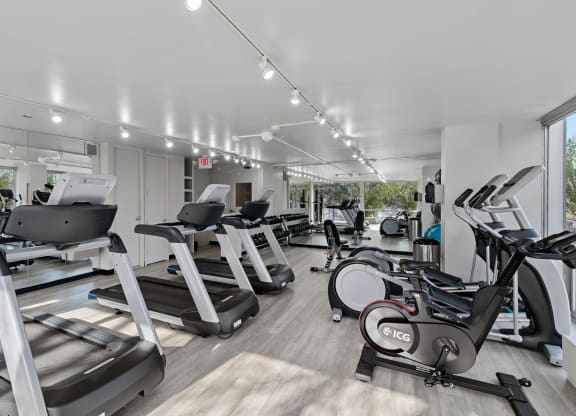 a gym with treadmills and ellipticals and other exercise equipment at The Pavilion, Detroit, 48207