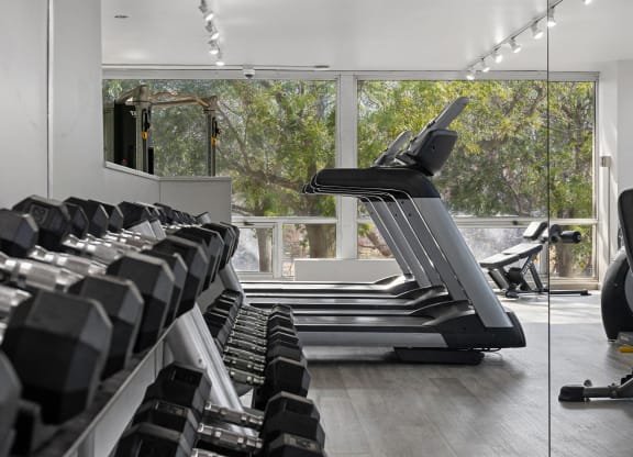 a gym with a row of treadmills and a window view of the outdoors at The Pavilion, Michigan, 48207