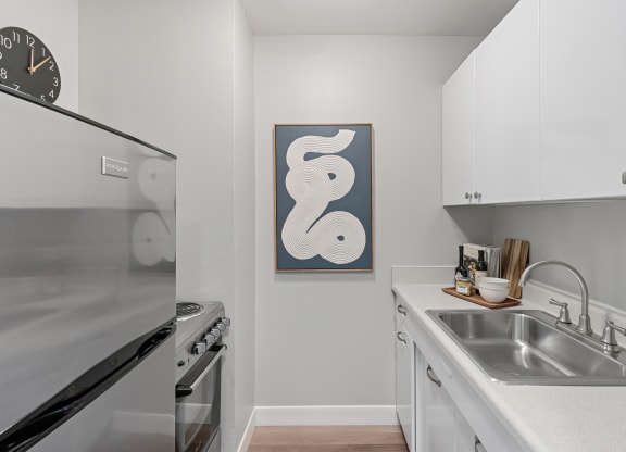 kitchen with stainless steel appliances and white cabinets and a wall art of a white snake  at The Pavilion, Michigan, 48207