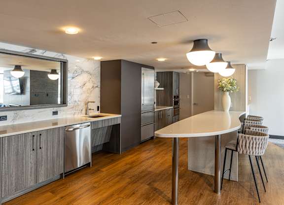 A modern kitchen with a marble countertop and stainless steel appliances at Kingsbury Plaza, Chicago, 60654