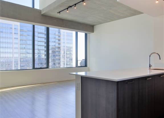 open living room area with large windows at One 333, Chicago