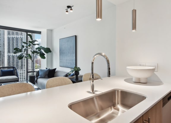 a kitchen with a sink and a window at Cassidy on Canal, Chicago, IL
