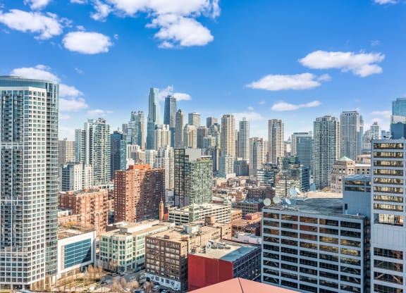 a view of the city from a balcony at Cassidy on Canal, Chicago, IL