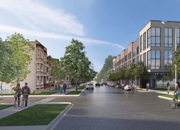 a rendering of a city street with buildings and people on bikes