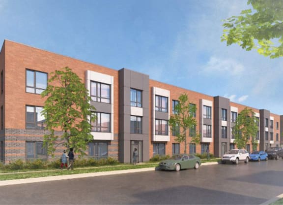 a rendering of a new apartment building on a city street