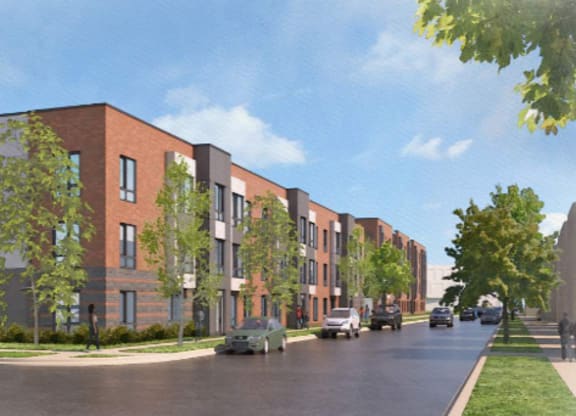 a rendering of a new apartment building on a city street
