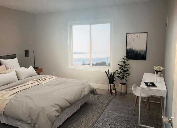 Modern bedroom with desk and plant decor at Cedarvale Highlands Apartments, Eagan, MN 55122