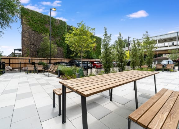 the outdoor patio of a building with tables and benches