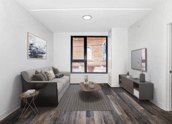 a living room with a couch and a table