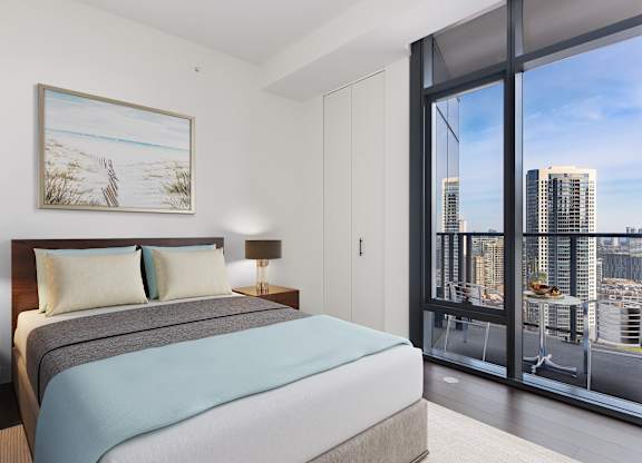 a bedroom with a bed and a large window at Cassidy on Canal, Chicago, IL, 60606
