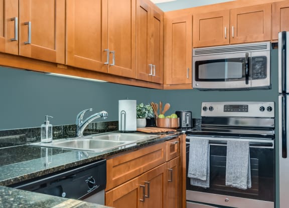 a kitchen with wood cabinets and stainless steel appliances at Columbus Plaza, Chicago, IL
