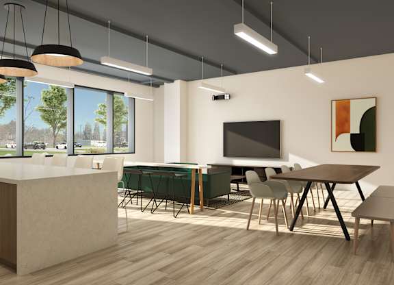 a rendering of a communal area with a kitchen and dining room