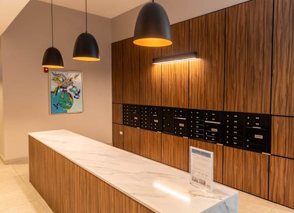 Mail room with wood paneling and lockbox wall at Thrive Exchange Apartments, Chicago