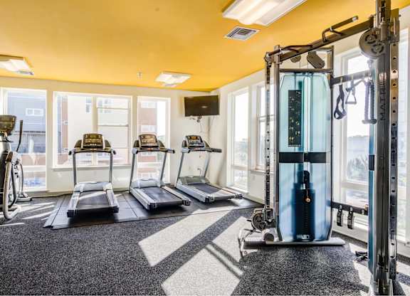 A gym with treadmills, exercise bikes, and other equipment.