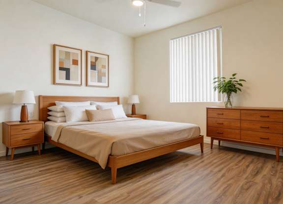 A bedroom with a bed, nightstands, and a plant.