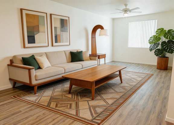 A living room with a couch, coffee table, and a plant.