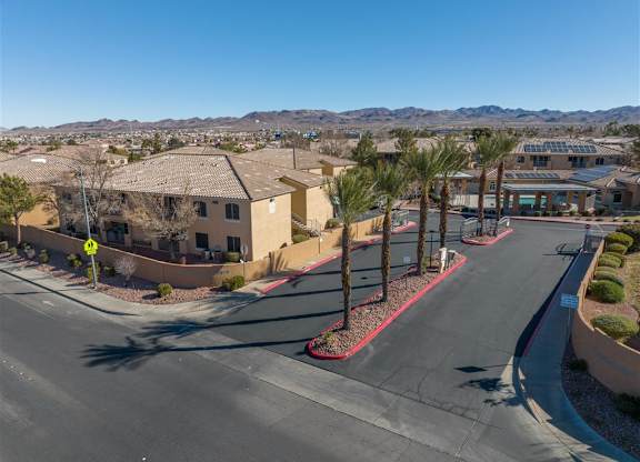A street view of a residential area with houses and palm trees.