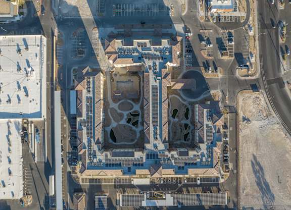 A large open square surrounded by buildings.