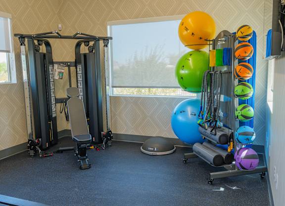 A home gym with a variety of equipment including a treadmill, weights, and exercise balls.