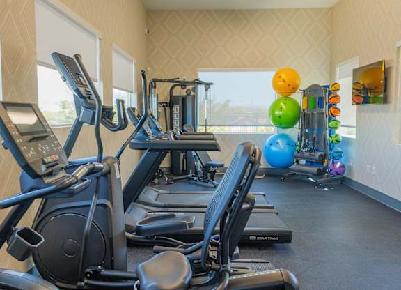 A gym with treadmills, elliptical machines, and exercise balls.