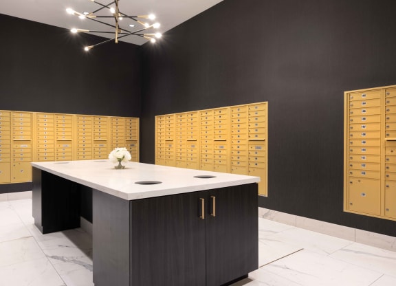 mail package room with lockers with a marble counter at 220 Meridian, Indianapolis, IN 46204