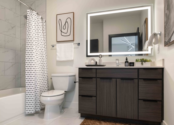 a bathroom with a toilet sink and bathtub in a 555 waverly unit at 220 Meridian, Indianapolis, IN 46204