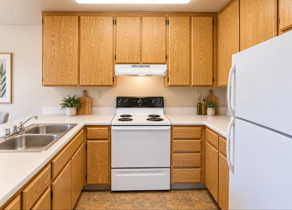 A kitchen with wooden cabinets and a white stove.